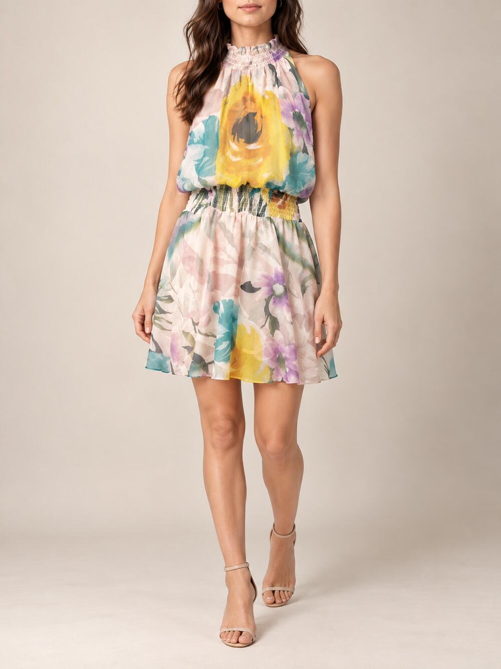 NWT Lola & Sophie Mini Dress Womens Small Yellow Watercolor Floral Flowy Halter
